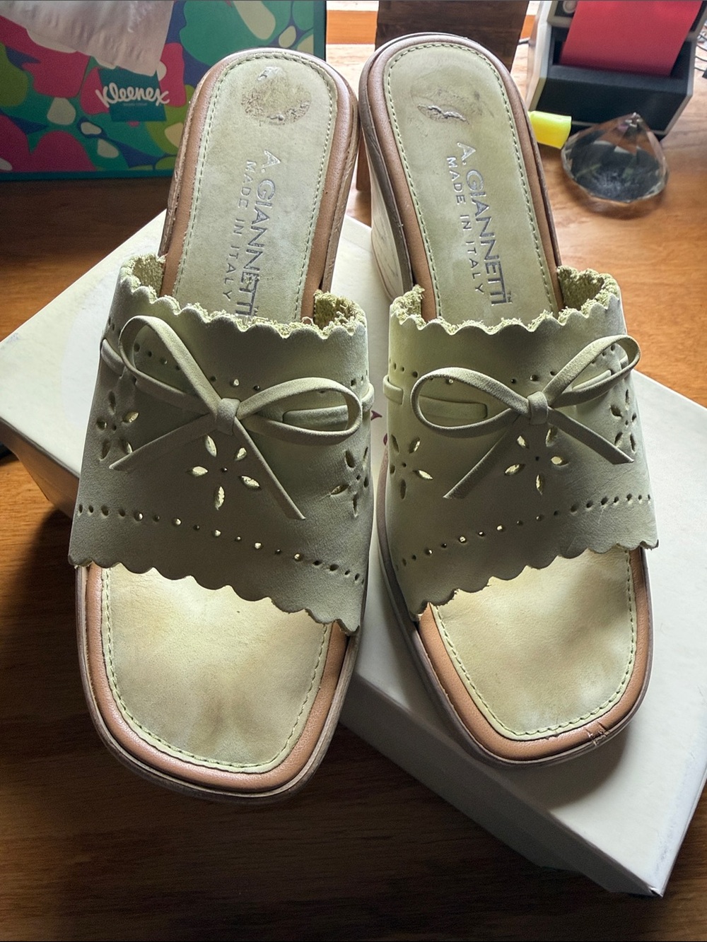A. Giannetti Cream Leather Slide Mules with Bow Accent